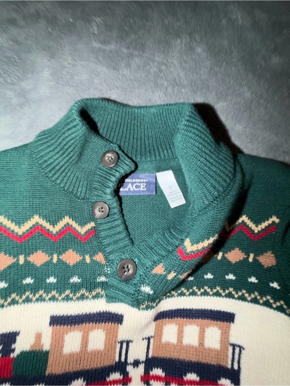 The Children's Place Green Fair Isle Train Sweater - Green, Cream, Red